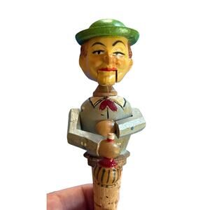 Vintage Mechanical Handcarved Wood Cork Bottle Stopper Man Drinking Wine Bottle